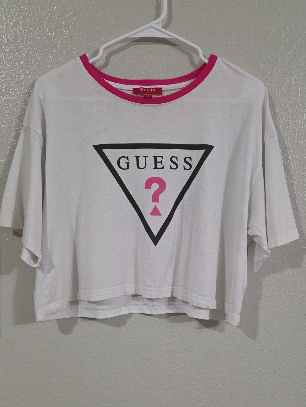 GUESS White Crop Logo Tee with Pink Trim